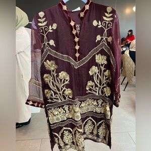 Elegant Maroon and Gold Embroidered Dress